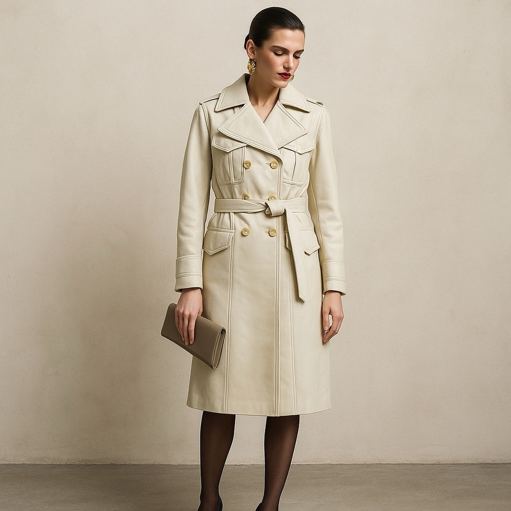 Vintage Cream Leather Women's Trench Coat